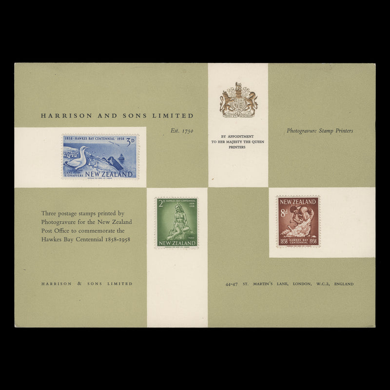 New Zealand 1958 Hawke's Bay Centennial presentation card and folder