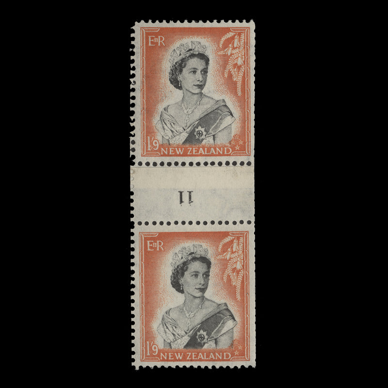 New Zealand 1959 (MNH) 1s9d Queen Elizabeth II coil join 11 pair, white paper