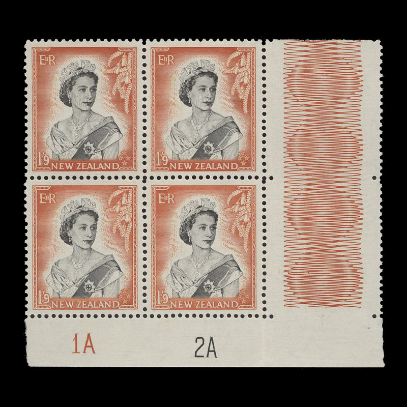 New Zealand 1959 (MNH) 1s9d Queen Elizabeth II plate 1A–2A block, white paper
