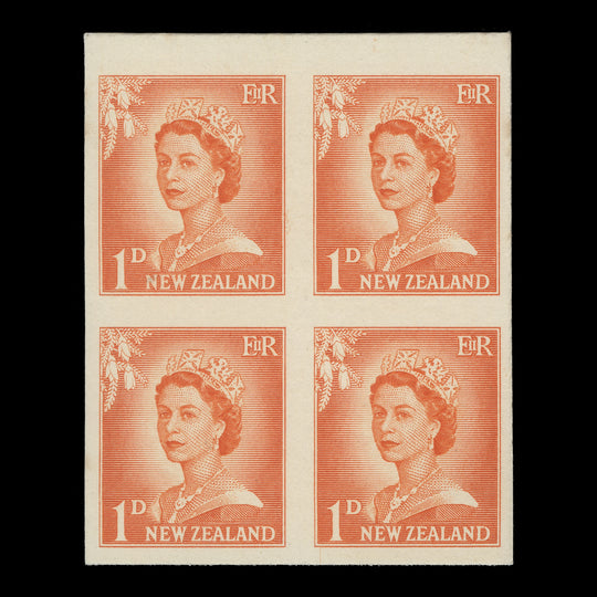 New Zealand 1959 (Variety) 1d Queen Elizabeth II imperf proof block on white paper
