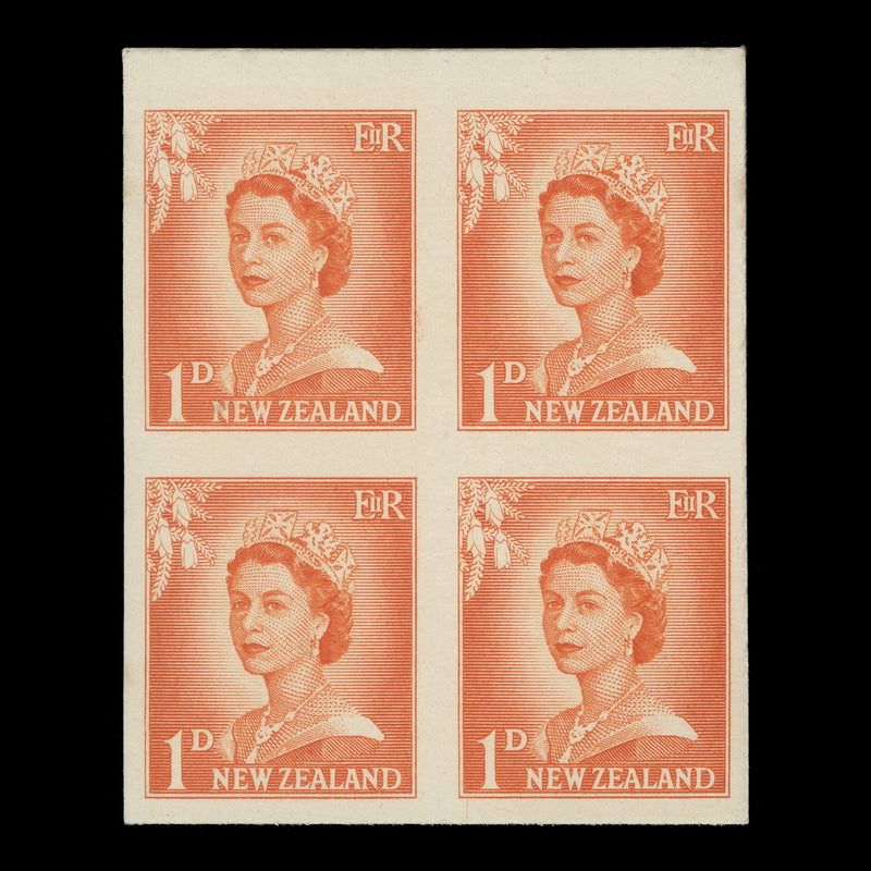New Zealand 1959 (Variety) 1d Queen Elizabeth II imperf proof block on white paper