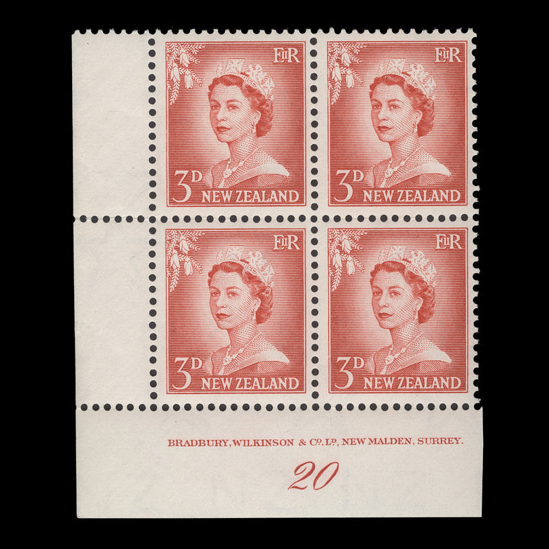New Zealand 1959 (MNH) 3d Queen Elizabeth II imprint/plate 20 block