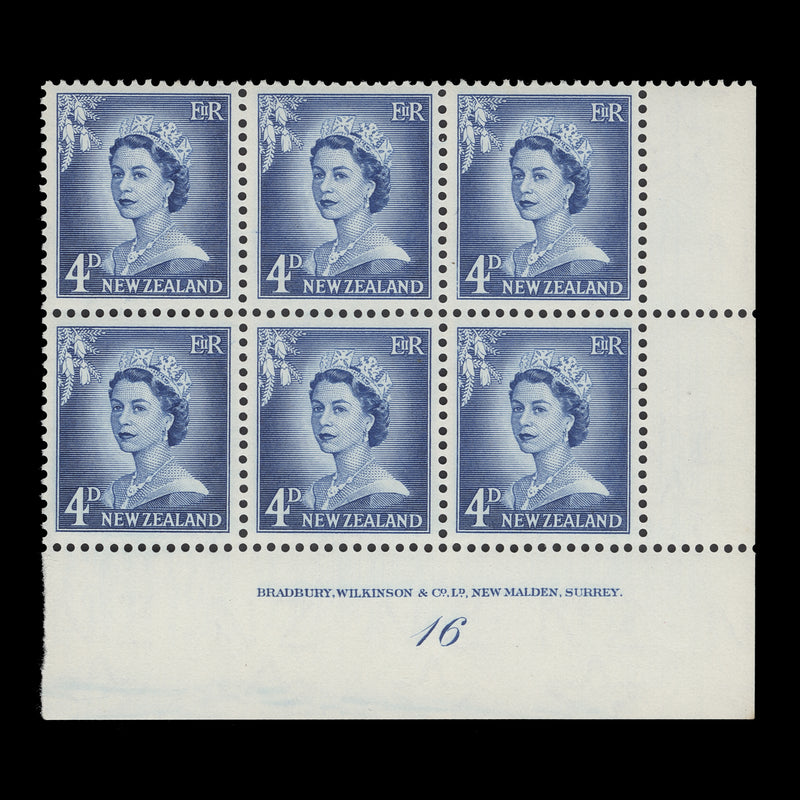 New Zealand 1959 (MNH) 4d Queen Elizabeth II imprint/plate 16 block