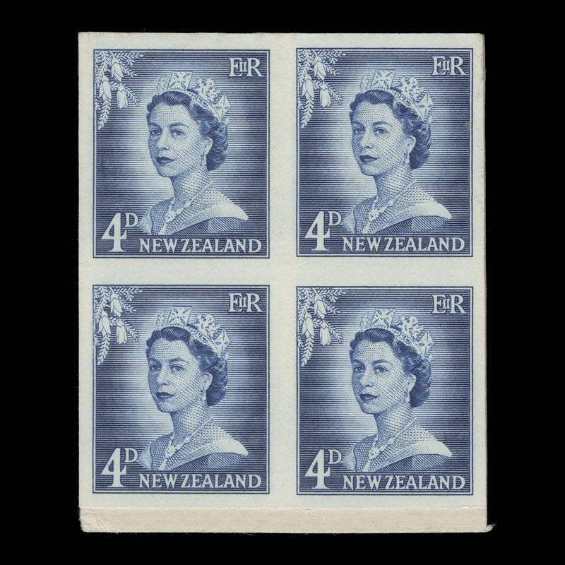 New Zealand 1959 (Variety) 4d Queen Elizabeth II imperf proof block on white paper