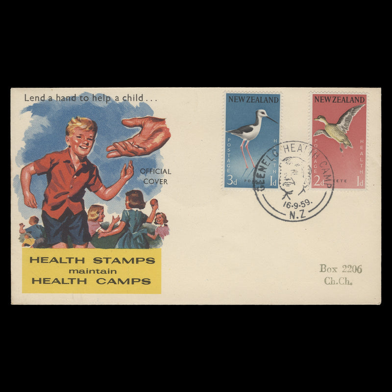 New Zealand 1959 Birds first day cover, GLENELG HEALTH CAMP