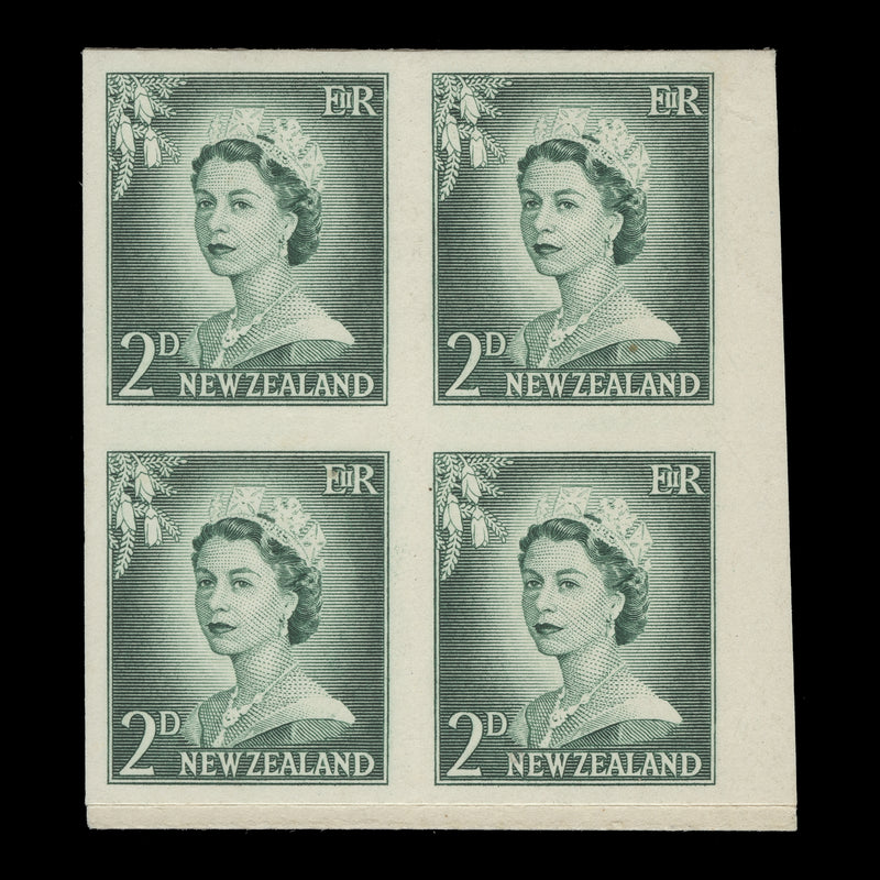 New Zealand 1959 (Variety) 2d Queen Elizabeth II imperf proof block, white paper