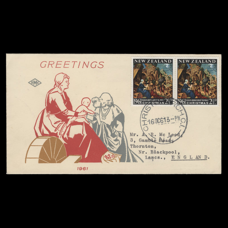 New Zealand 1961 (FDC) 2½d Christmas pair, CHRISTCHURCH