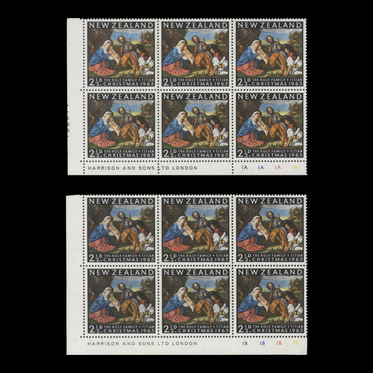 New Zealand 1963 (MNH) 2½d Christmas imprint/plate blocks, sideways watermark