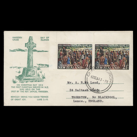 New Zealand 1964 (FDC) 2½d Christmas pair, CHRISTCHURCH