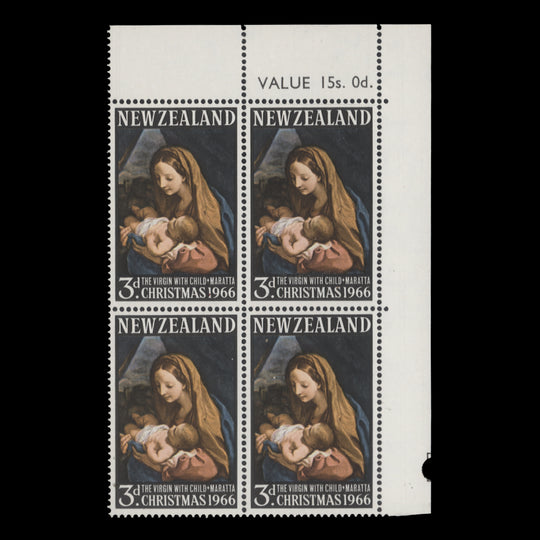 New Zealand 1966 (MNH) 3d Christmas sheet value block in distinct shade