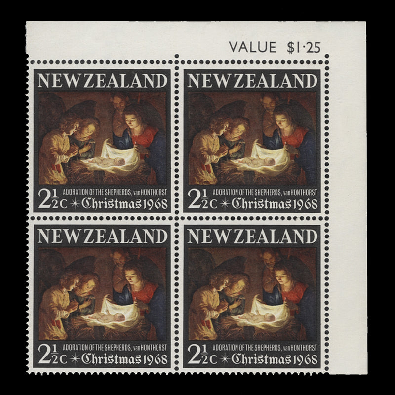 New Zealand 1968 (MNH) 2½d Christmas sheet value block