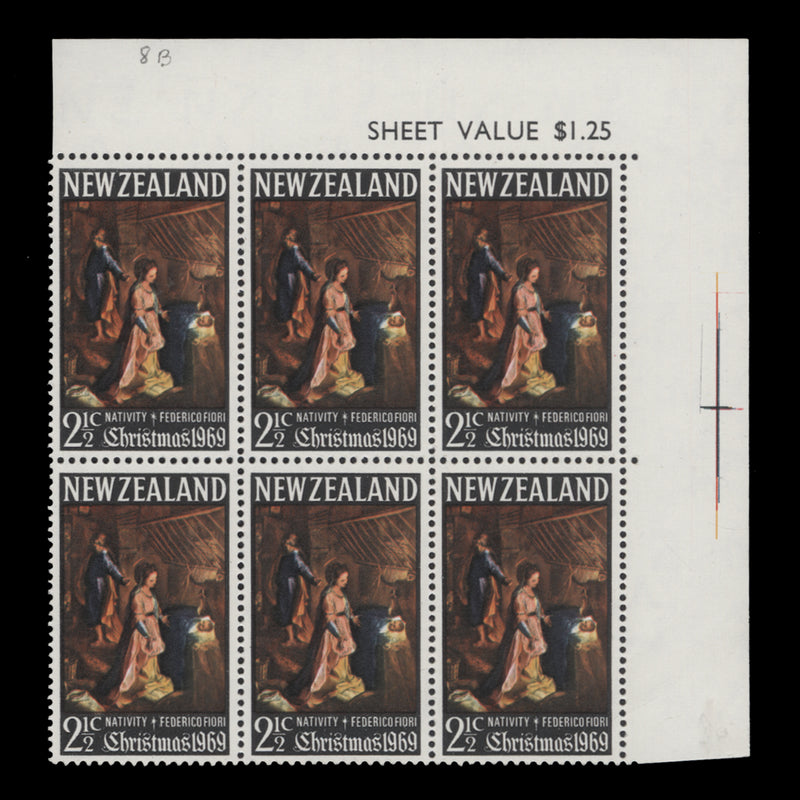 New Zealand 1969 (Variety) 2½c Christmas sheet value block with watermark