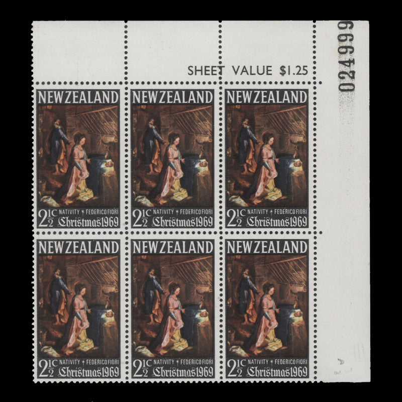 New Zealand 1969 (Variety) 2½c Christmas sheet value block without watermark