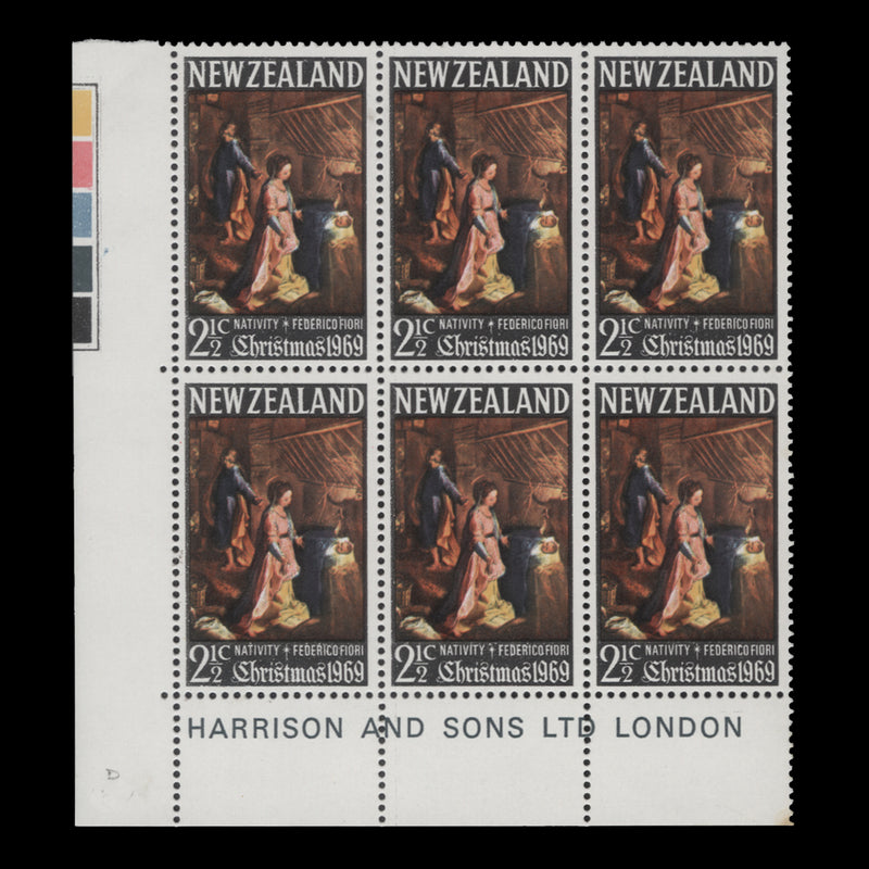 New Zealand 1969 (Variety) 2½c Christmas imprint block without watermark
