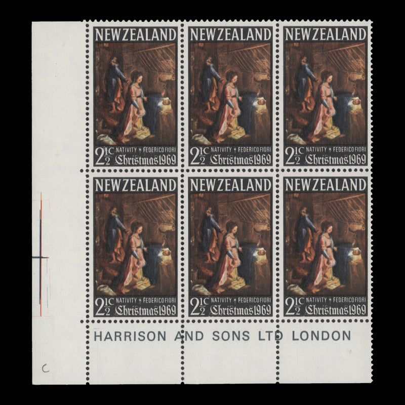 New Zealand 1969 (Variety) 2½c Christmas imprint block with watermark