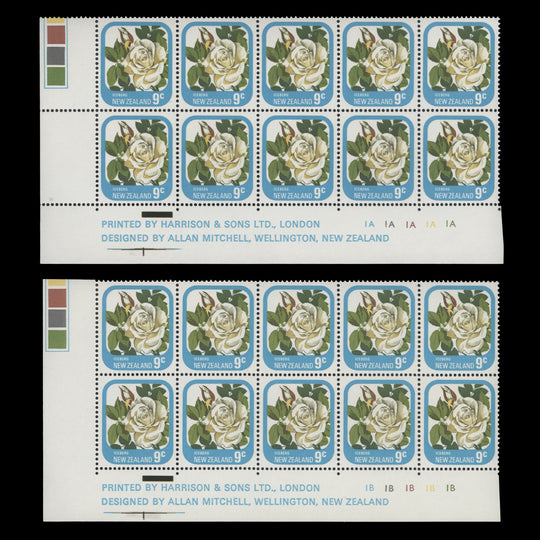 New Zealand 1975 (MNH) 9c Iceberg imprint/plate blocks, no dot