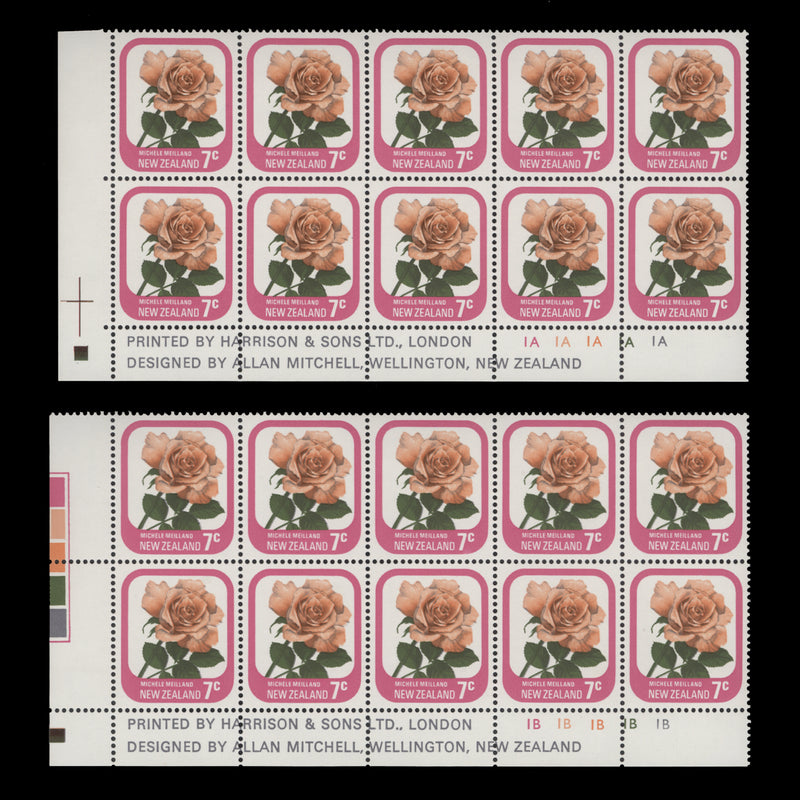 New Zealand 1975 (MNH) 7c Michele Meilland imprint/plate blocks