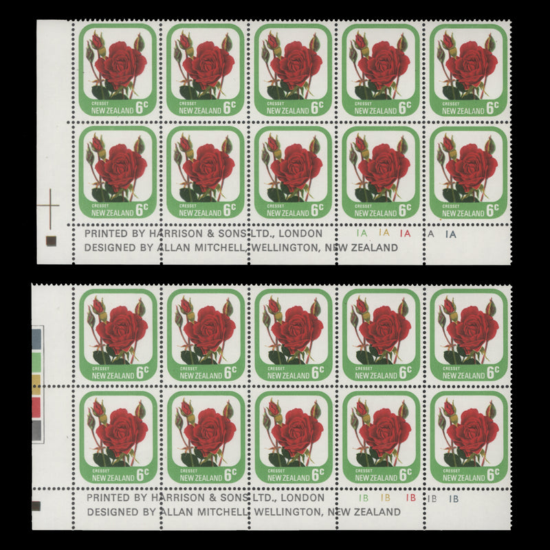 New Zealand 1975 (MNH) 6c Cresset imprint/plate blocks
