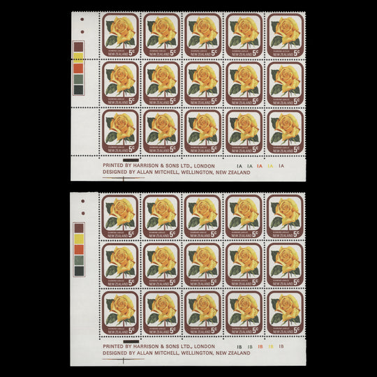 New Zealand 1975 (MNH) 5c Diamond Jubilee imprint/plate blocks, two dots