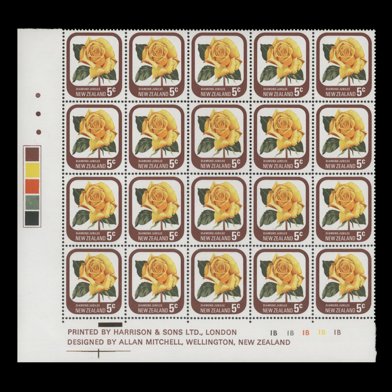New Zealand 1975 (MNH) 5c Diamond Jubilee imprint/plate blocks, three dots