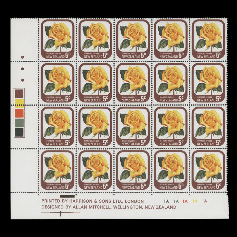 New Zealand 1975 (MNH) 5c Diamond Jubilee imprint/plate blocks, three dots