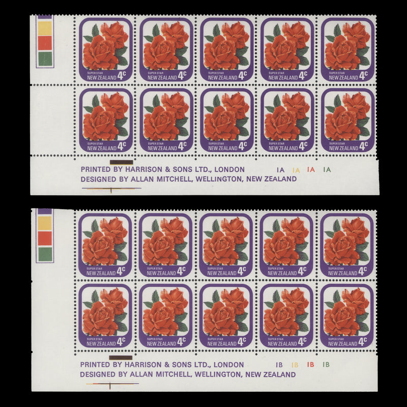 New Zealand 1975 (MNH) 4c Super Star imprint/plate blocks, no dot