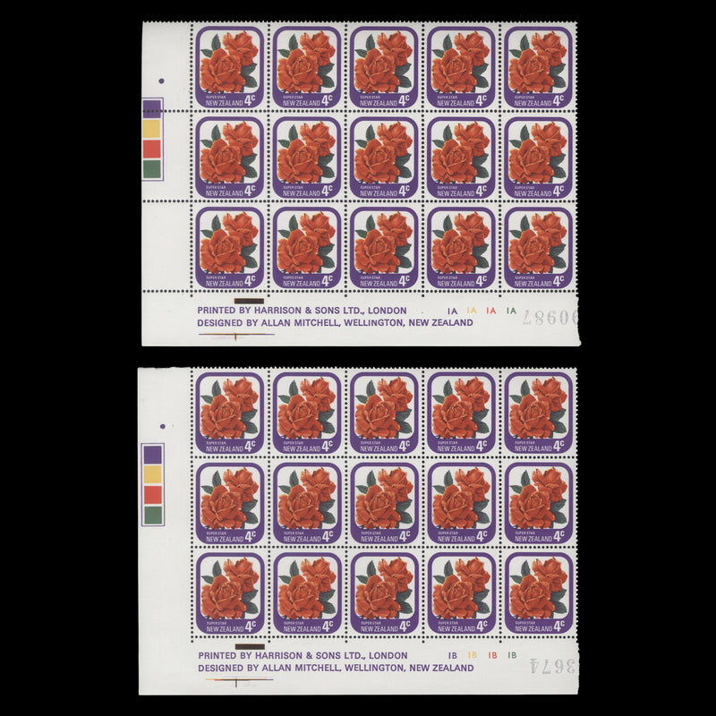 New Zealand 1975 (MNH) 4c Super Star imprint/plate blocks, one dot