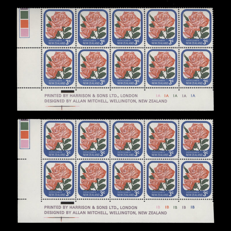 New Zealand 1975 (MNH) 3c Queen Elizabeth imprint/plate blocks, no dot