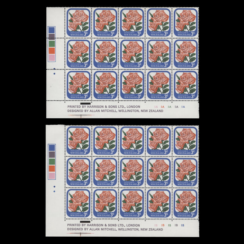 New Zealand 1975 (MNH) 3c Queen Elizabeth imprint/plate blocks, two dots