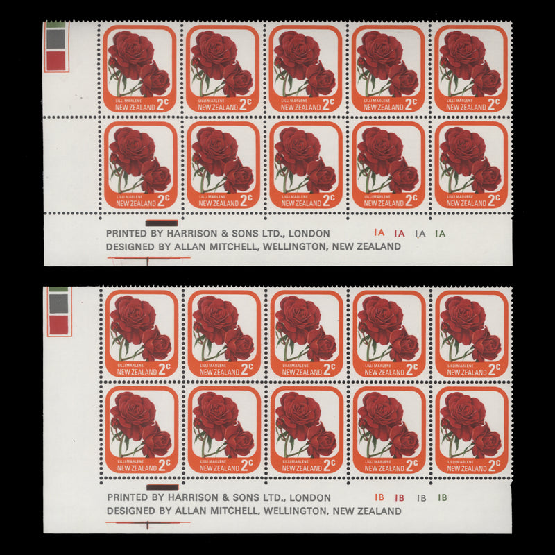 New Zealand 1975 (MNH) 2c Lilli Marlene imprint/plate blocks, no dot