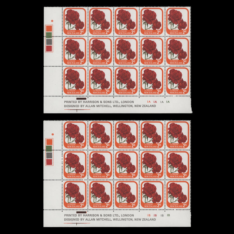 New Zealand 1975 (MNH) 2c Lilli Marlene imprint/plate blocks, one dot