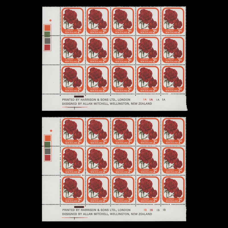 New Zealand 1975 (MNH) 2c Lilli Marlene imprint/plate blocks, two dots