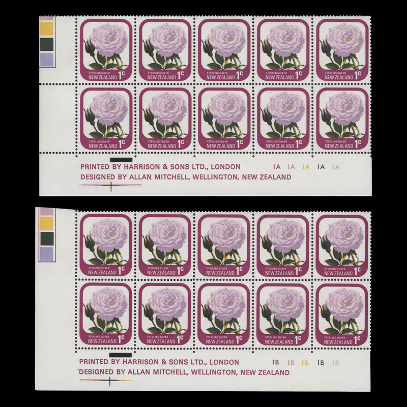 New Zealand 1975 (MNH) 1c Sterling Silver imprint/plate blocks, no dot