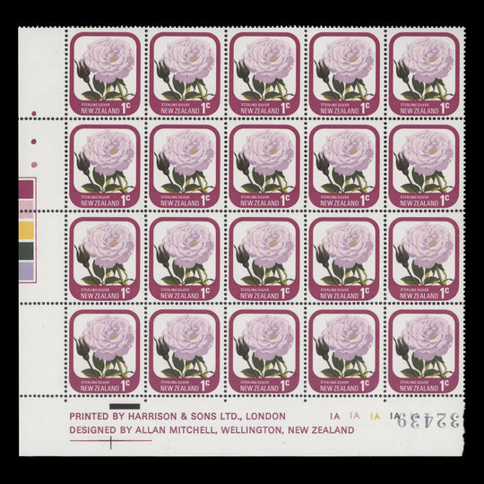 New Zealand 1975 (MNH) 1c Sterling Silver imprint/plate blocks, three dots