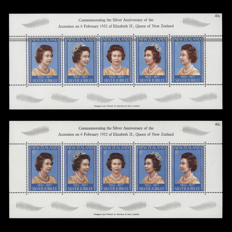 New Zealand 1977 (Variety) Silver Jubilee miniature sheet with black blade flaw