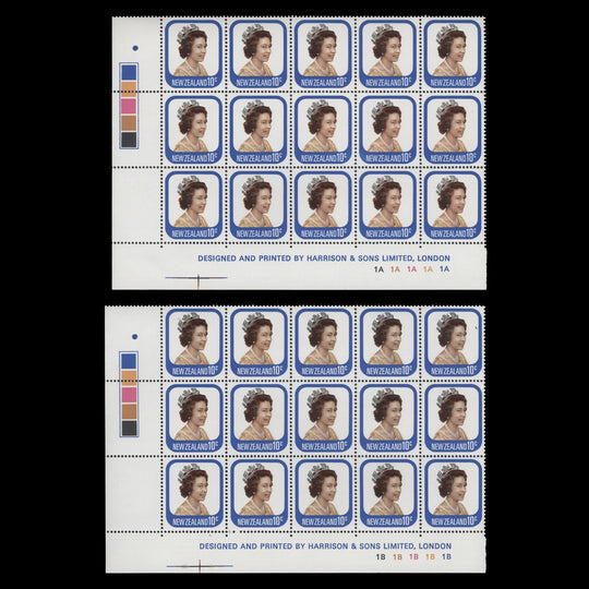 New Zealand 1977 (MNH) 10c Queen Elizabeth II imprint/plate blocks, one dot