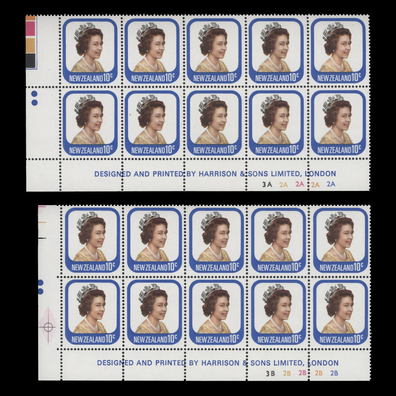 New Zealand 1979 (MNH) 10c Queen Elizabeth II imprint/plate blocks, two dots
