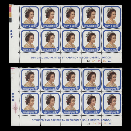 New Zealand 1979 (MNH) 10c Queen Elizabeth II imprint/plate blocks, three dots