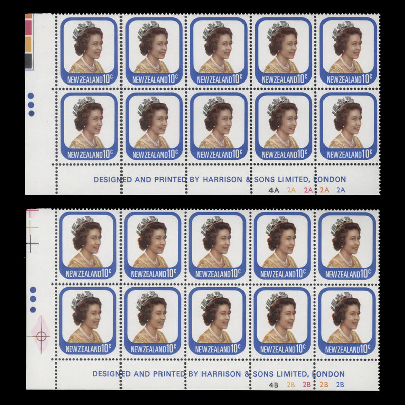 New Zealand 1979 (MNH) 10c Queen Elizabeth II imprint/plate blocks, three dots
