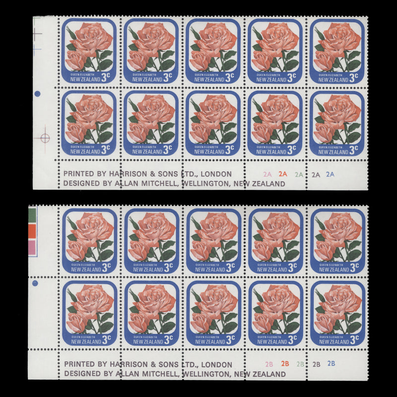 New Zealand 1979 (MNH) 3c Queen Elizabeth imprint/plate blocks, one dot