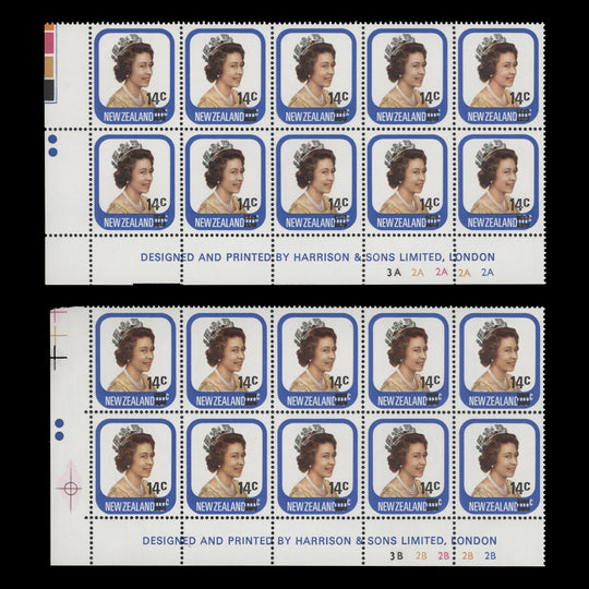 New Zealand 1979 (MNH) 14c/10c Queen Elizabeth II imprint/plate blocks, two dots