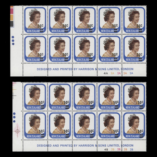 New Zealand 1979 (MNH) 14c/10c Queen Elizabeth II imprint/plate blocks, three dots