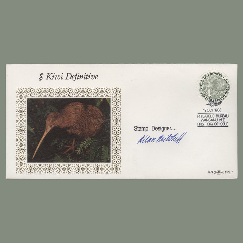 New Zealand 1988 $1 Brown Kiwi first day cover signed by designer