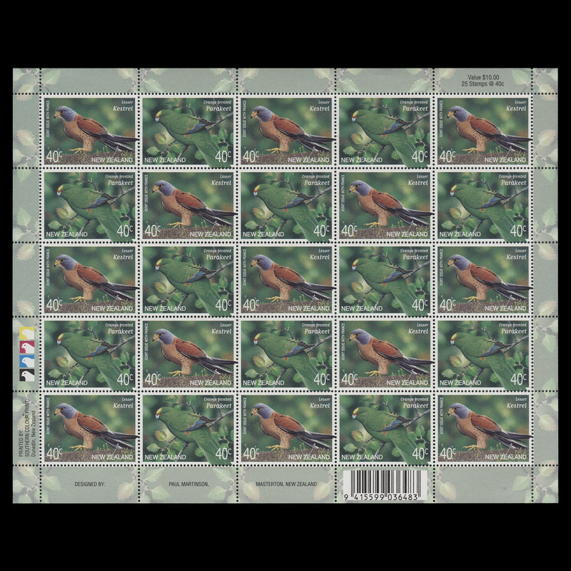 New Zealand 2000 (MNH) 40c Kestrel/Parakeet sheet of 25 stamps