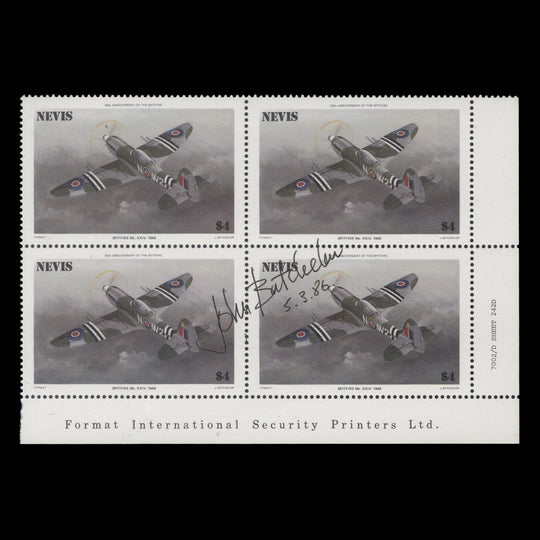 Nevis 1986 (MNH) $4 Supermarine Spitfire Mk XXIV block signed by designer