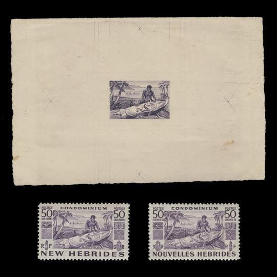 New/Nouvelles Hebrides 1953 Native Carving die proof in purple