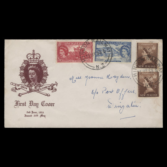 New Zealand 1953 Coronation first day cover, HINDON RAILWAY