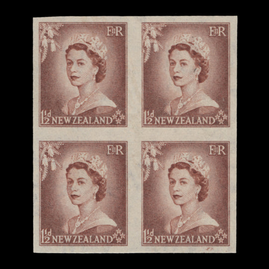 New Zealand 1953 (Variety) 1½d Queen Elizabeth II imperf proof block