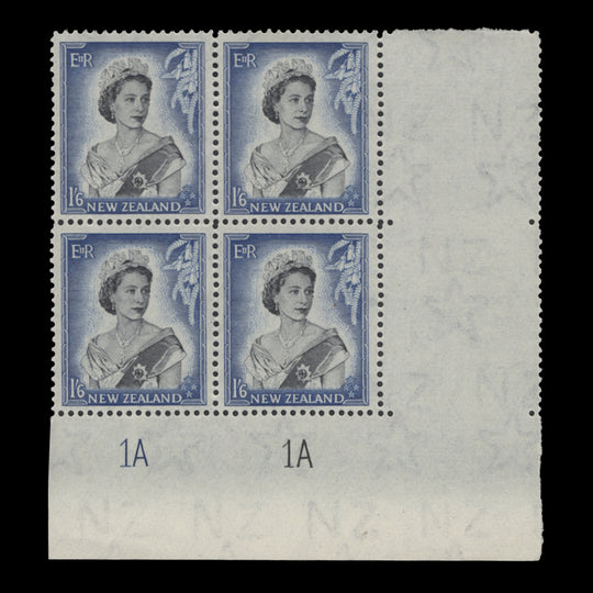 New Zealand 1954 (MLH) 1s6d Queen Elizabeth II plate 1A–1A block