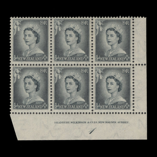 New Zealand 1954 (MLH) ½d Queen Elizabeth II plate 1 block